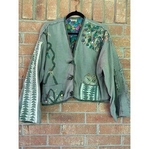 Handmade Green Boho Kimono Jacket With Colorful Patchwork Applique Details